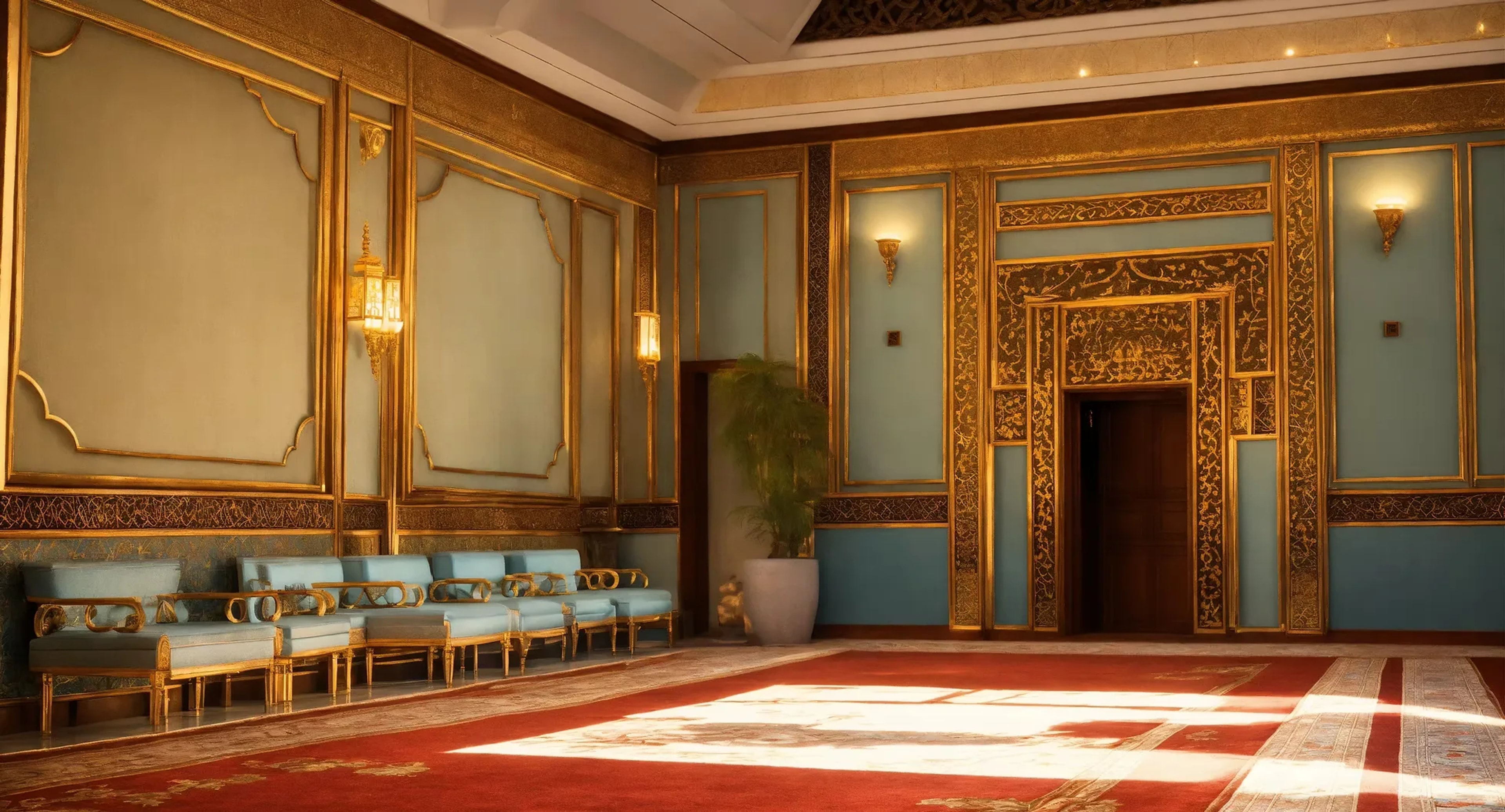 An ornate Saudi meeting room with gold detailing and turquoise walls
