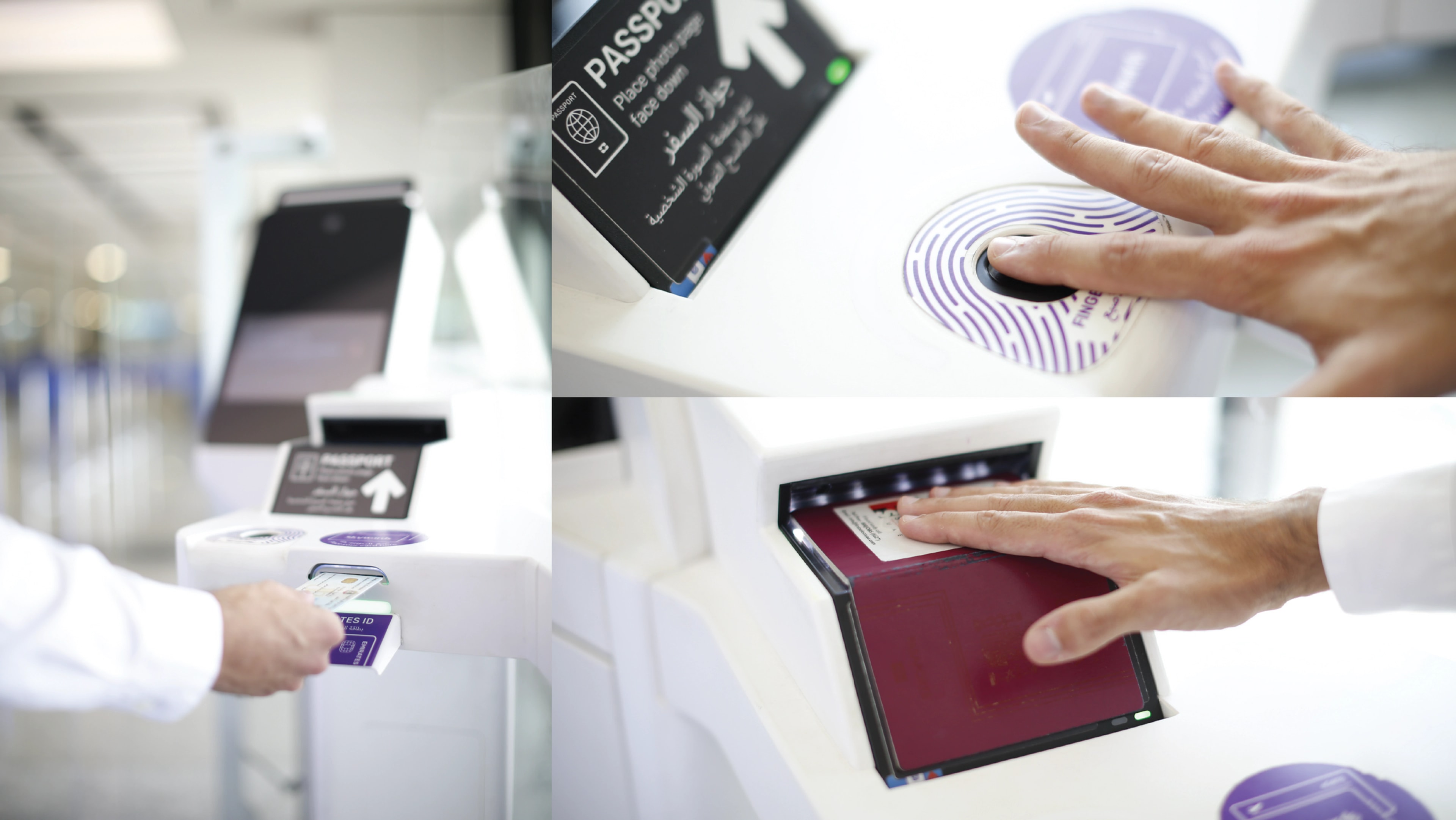 Three views of a traveller using passport and fingerprint scanners at a Smart Gate