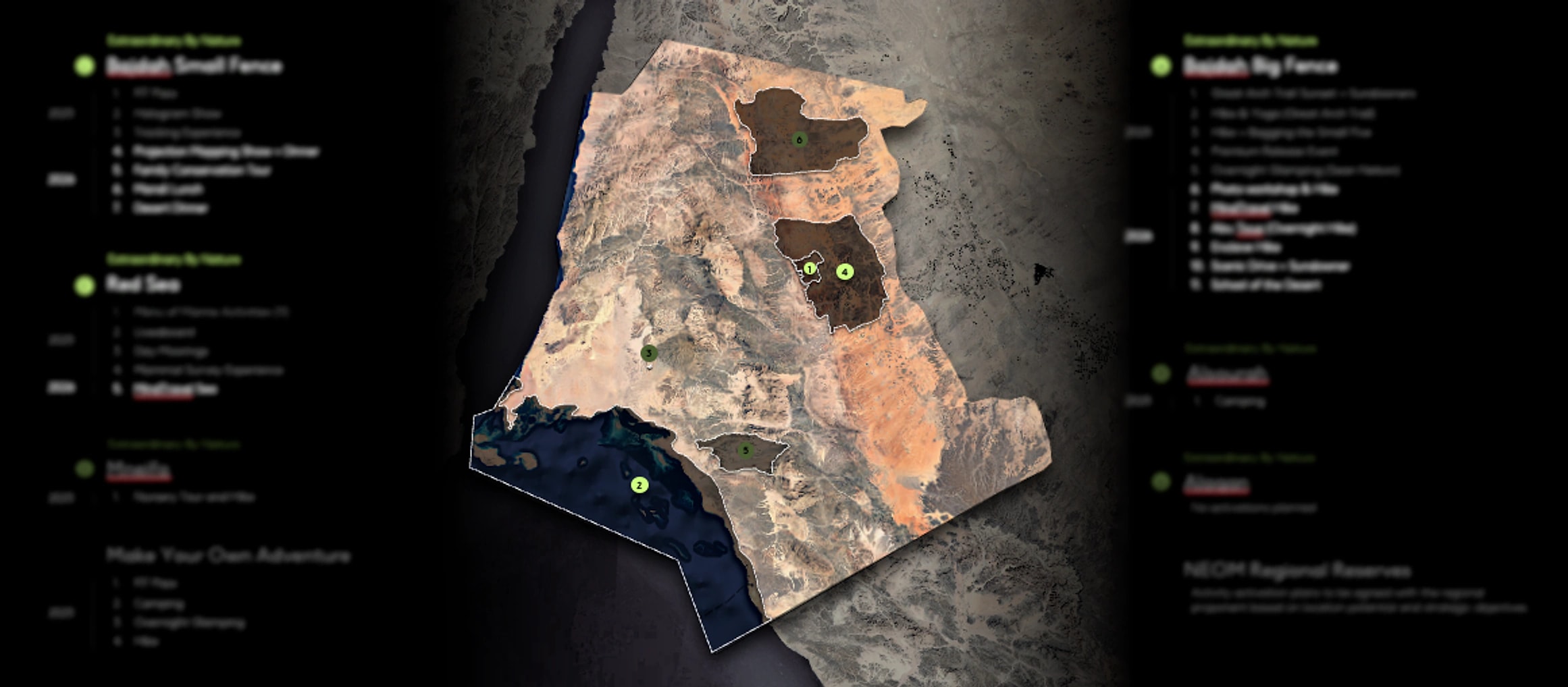 A satellite map of the NEOM Nature Reserve with proposed visitor experience areas