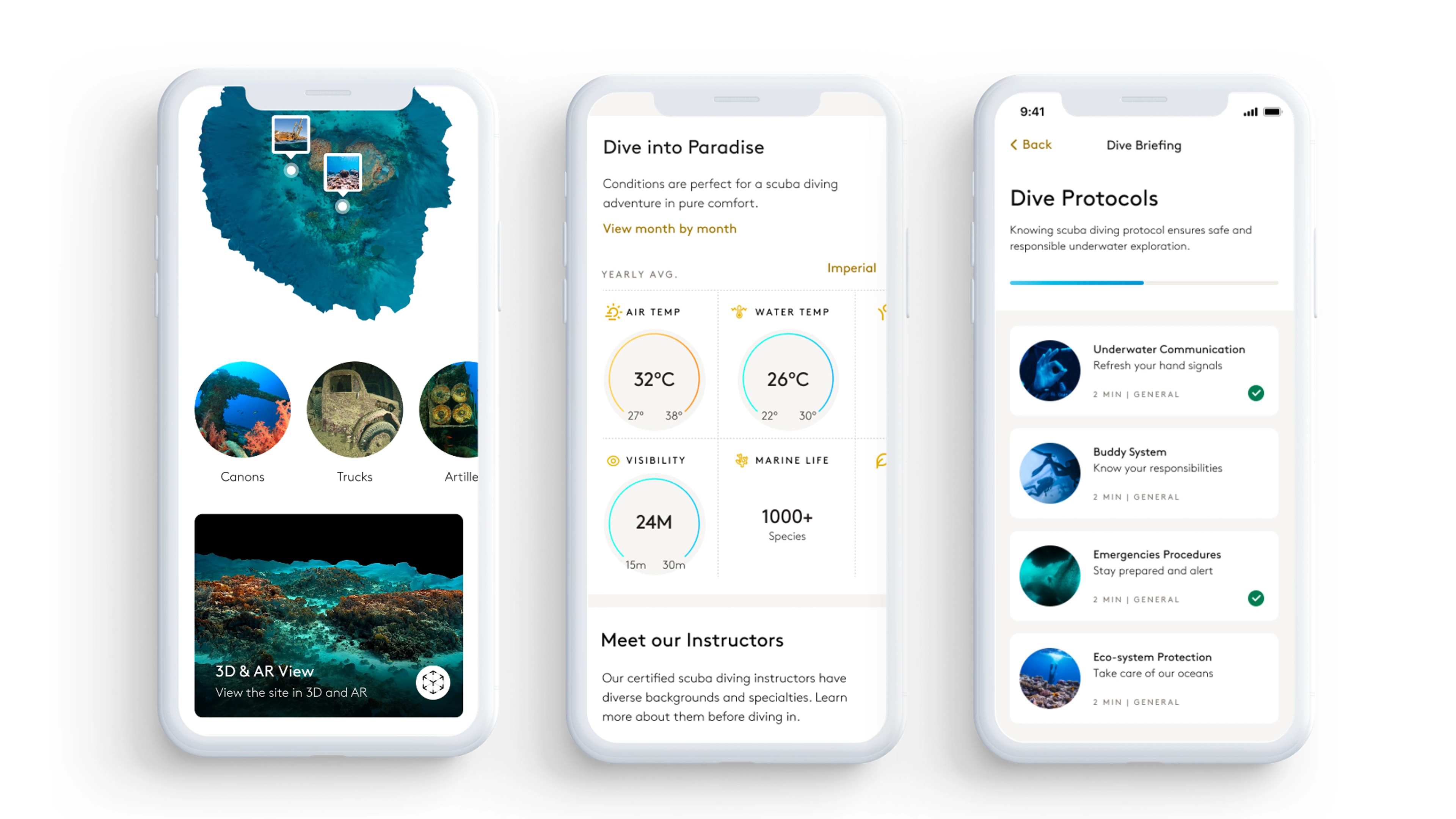 Three mobile app prototypes for scuba sites, diving conditions and safety briefings