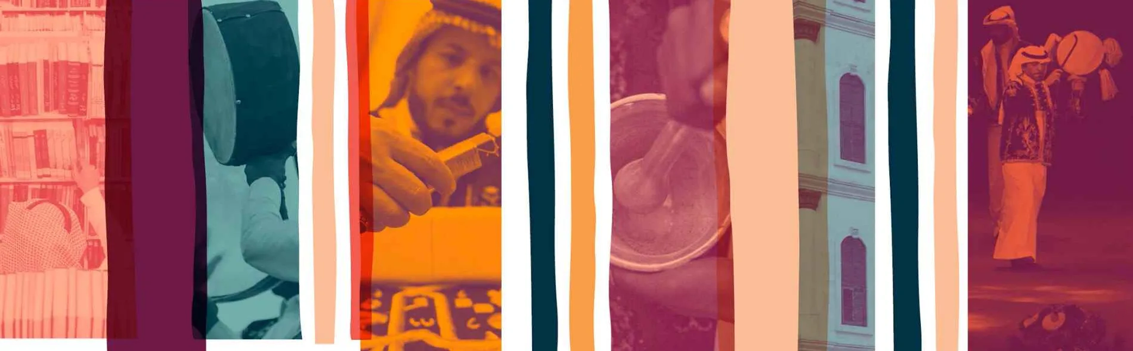 A colourful collage of Saudi cultural activities, people and places