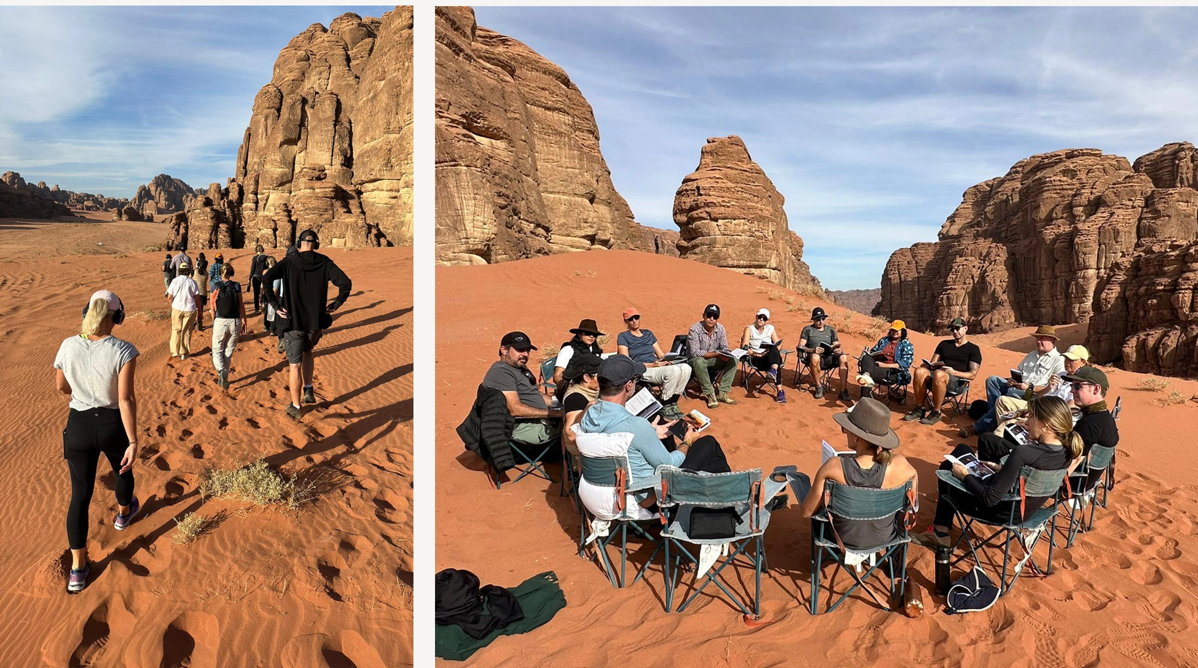Workshop participants walking and meeting among the sandstone formations of the Hisma Desert
