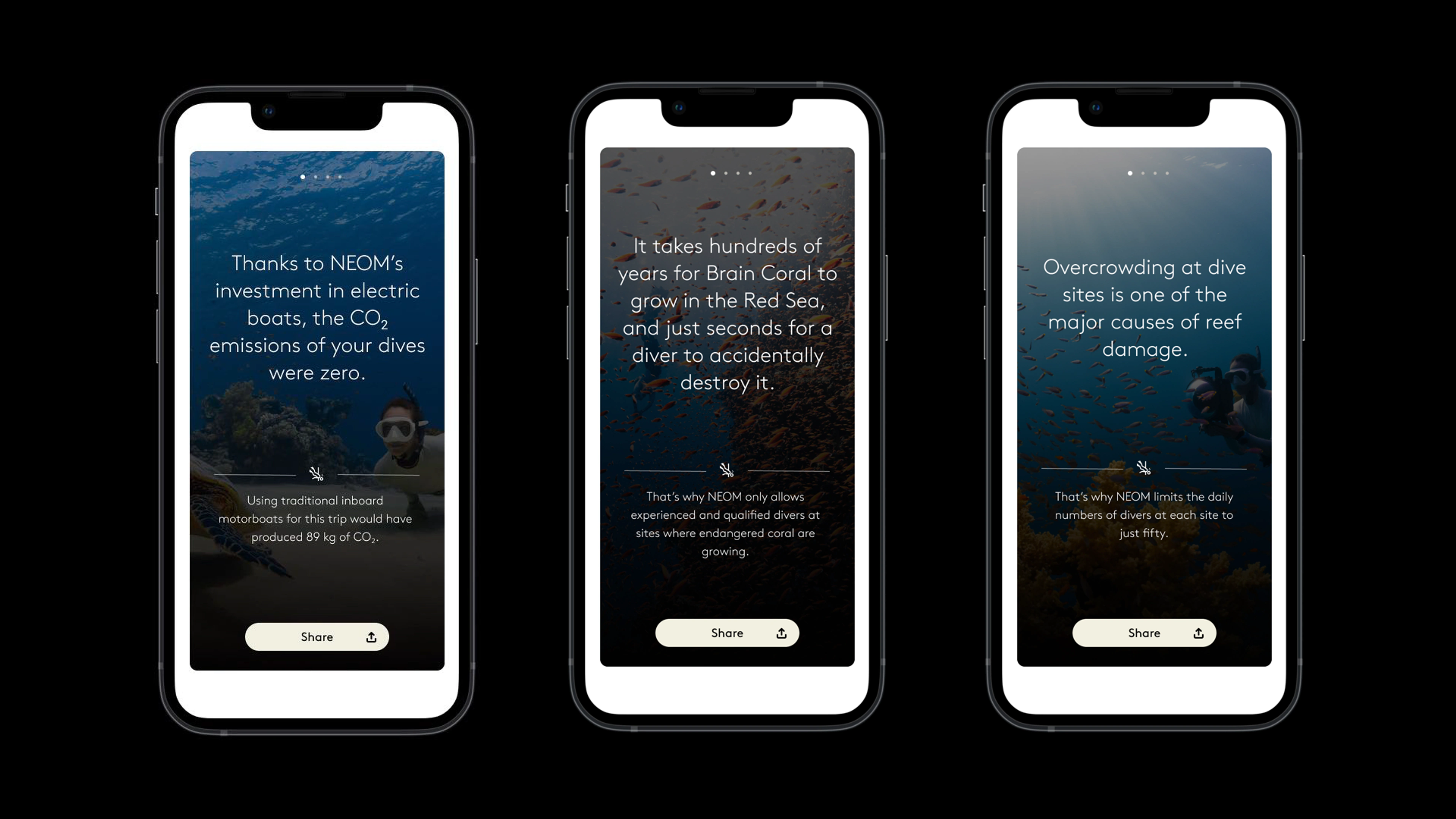 Three mobile screens explaining the environmental impact of diving in the Red Sea